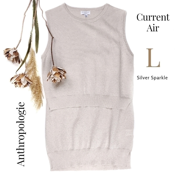 New Anthropologie Current Air Cream Silver Flake Layered Sweater Top Sz L - Picture 1 of 12